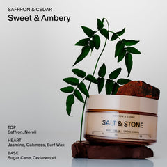 Salt & Stone body cream saffron-cedar amber-scent ambiance evokes unisex aromatic ritual.