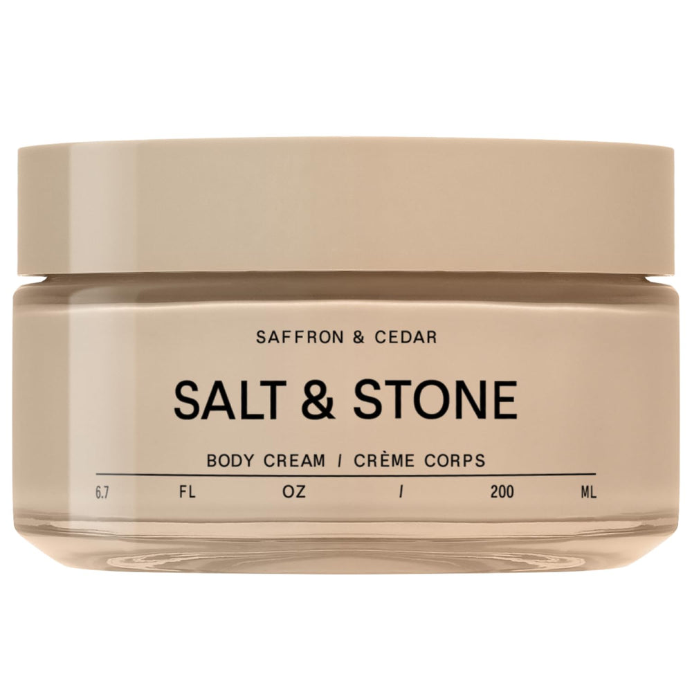Salt & Stone body cream saffron-cedar jar closeup highlights rich hydration.