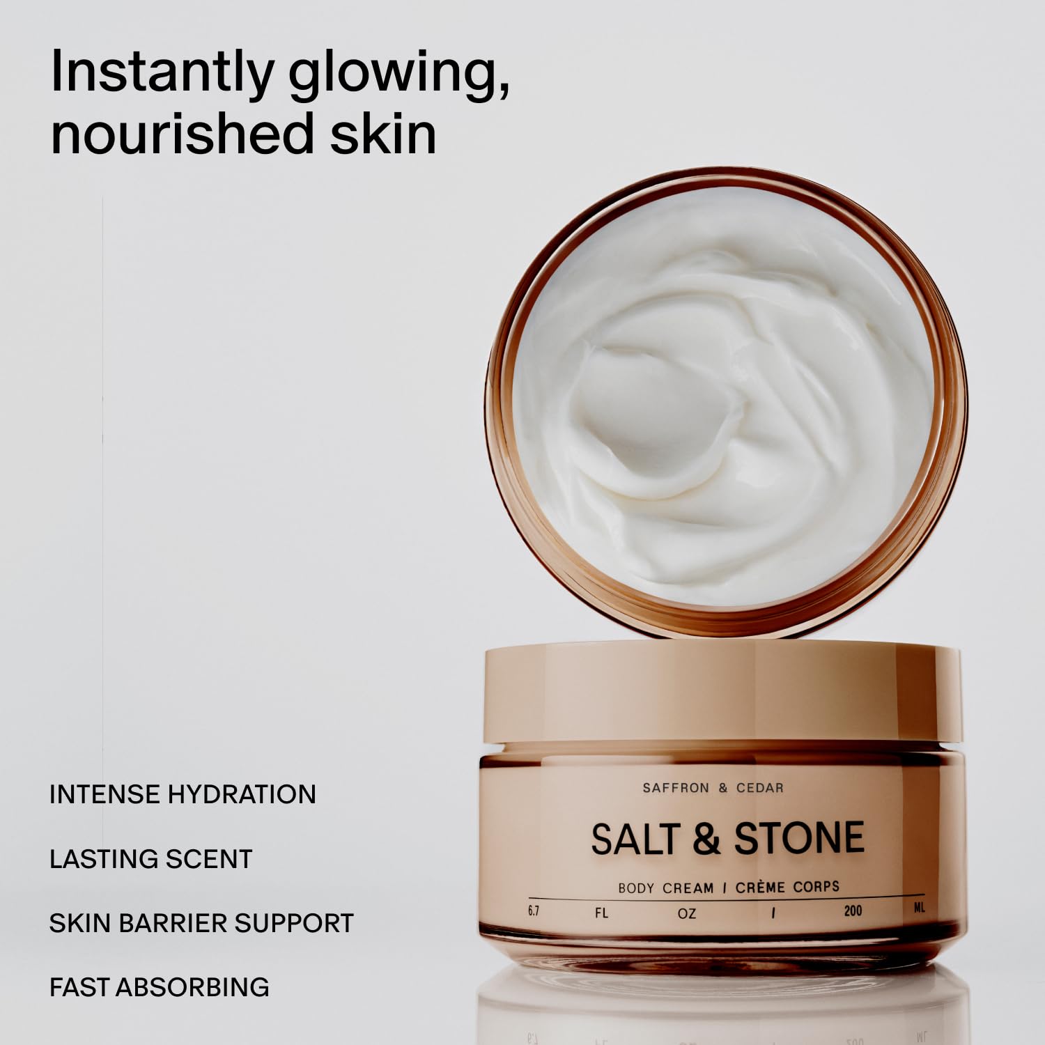 Salt & Stone body cream saffron-cedar texture swatch shows creamy, fast-absorbing formula.