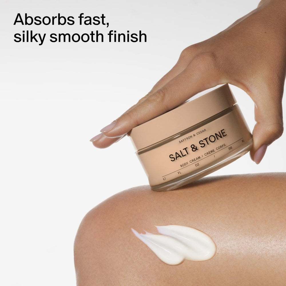 Salt & Stone body cream saffron-cedar unisex packaging emphasizes inclusive skincare.