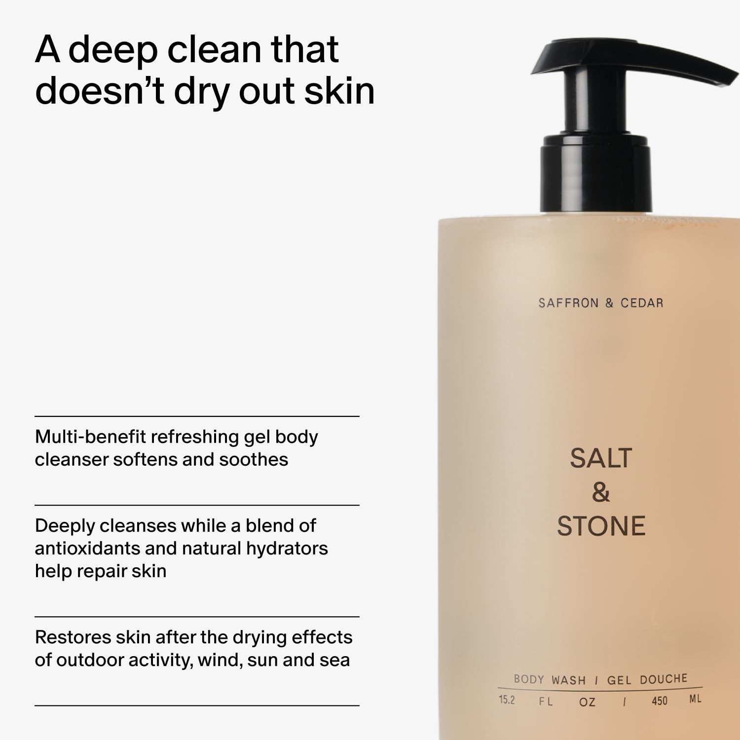 Salt & Stone vegan cruelty-free formula for gentle cleansing.