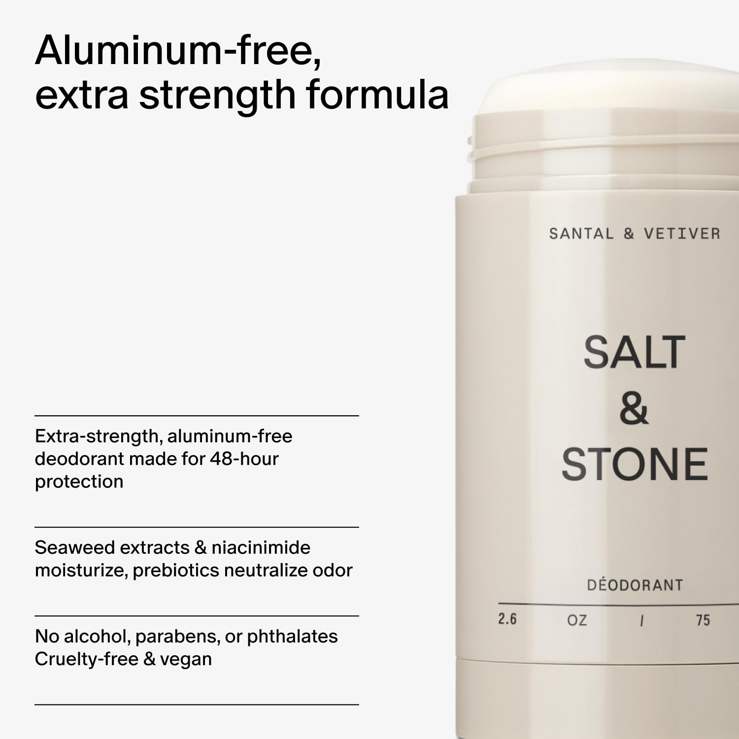 Salt & Stone deodorant with seaweed extracts and niacinamide for skin moisture.