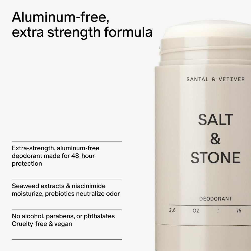 Salt & Stone deodorant with seaweed extracts and niacinamide for skin moisture.