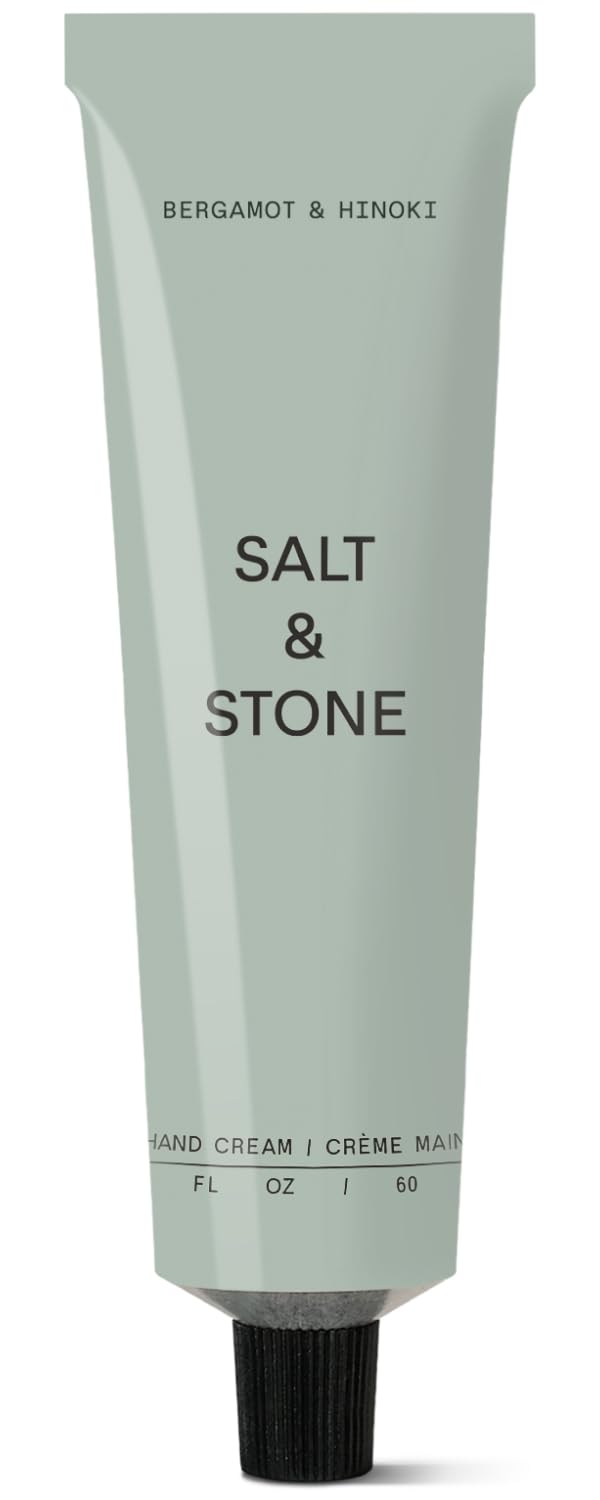 Salt & Stone Hand Cream bottle front highlights fast-absorbing hydration for dry hands.