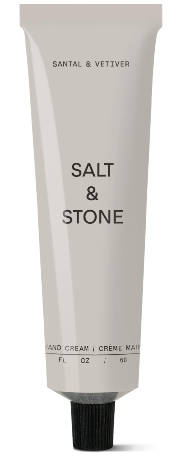Salt & Stone hand cream bottle close-up emphasizing Santal & Vetiver hydration
