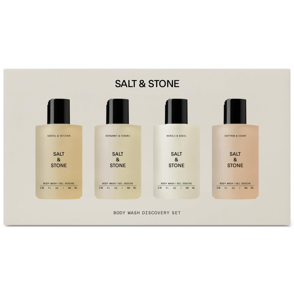 Salt & Stone Bergamot & Hinoki bottle pour offers citrus-woody freshness.