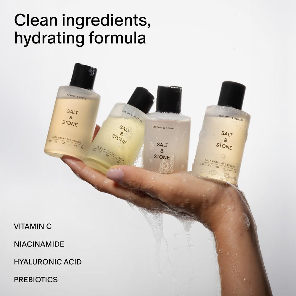 Salt & Stone Saffron & Cedar bottle pour delivers amber-sweet, comforting cleanse.