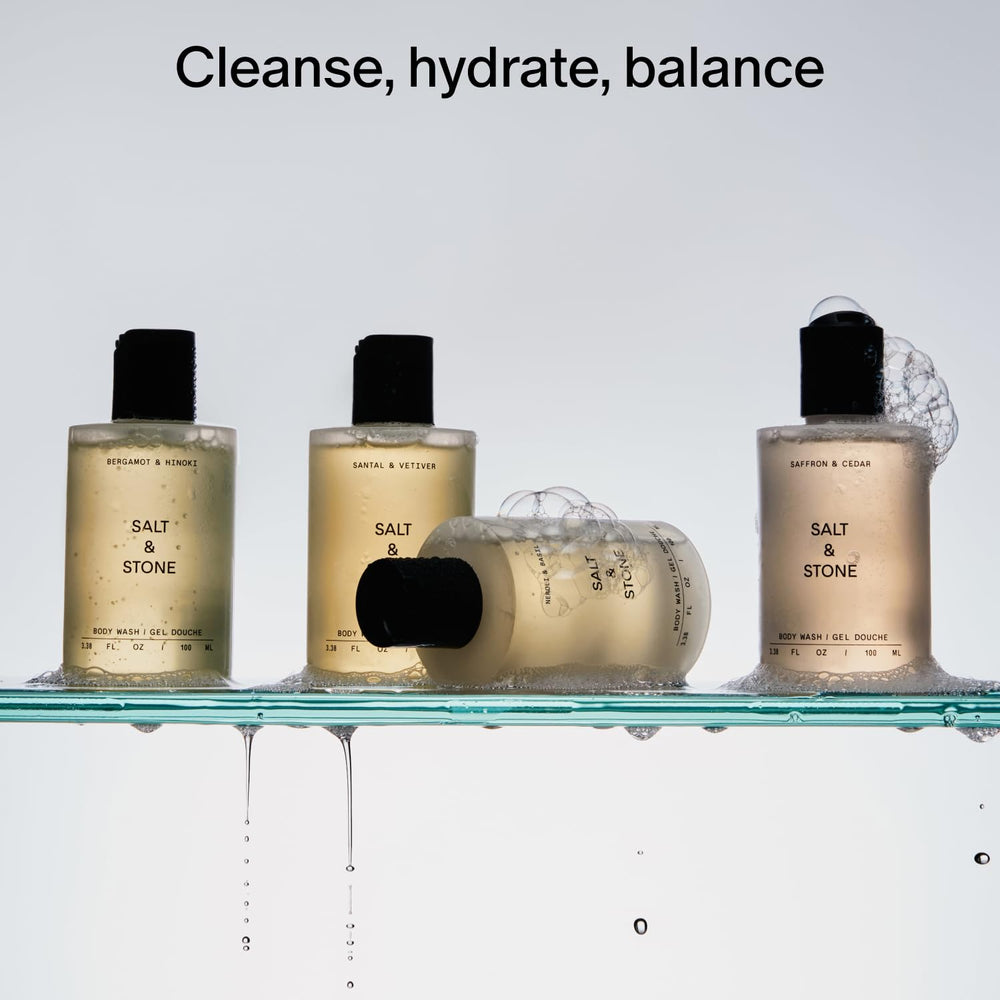Salt & Stone Santal & Vetiver bottle pour shows rich lather for hydrating wash.