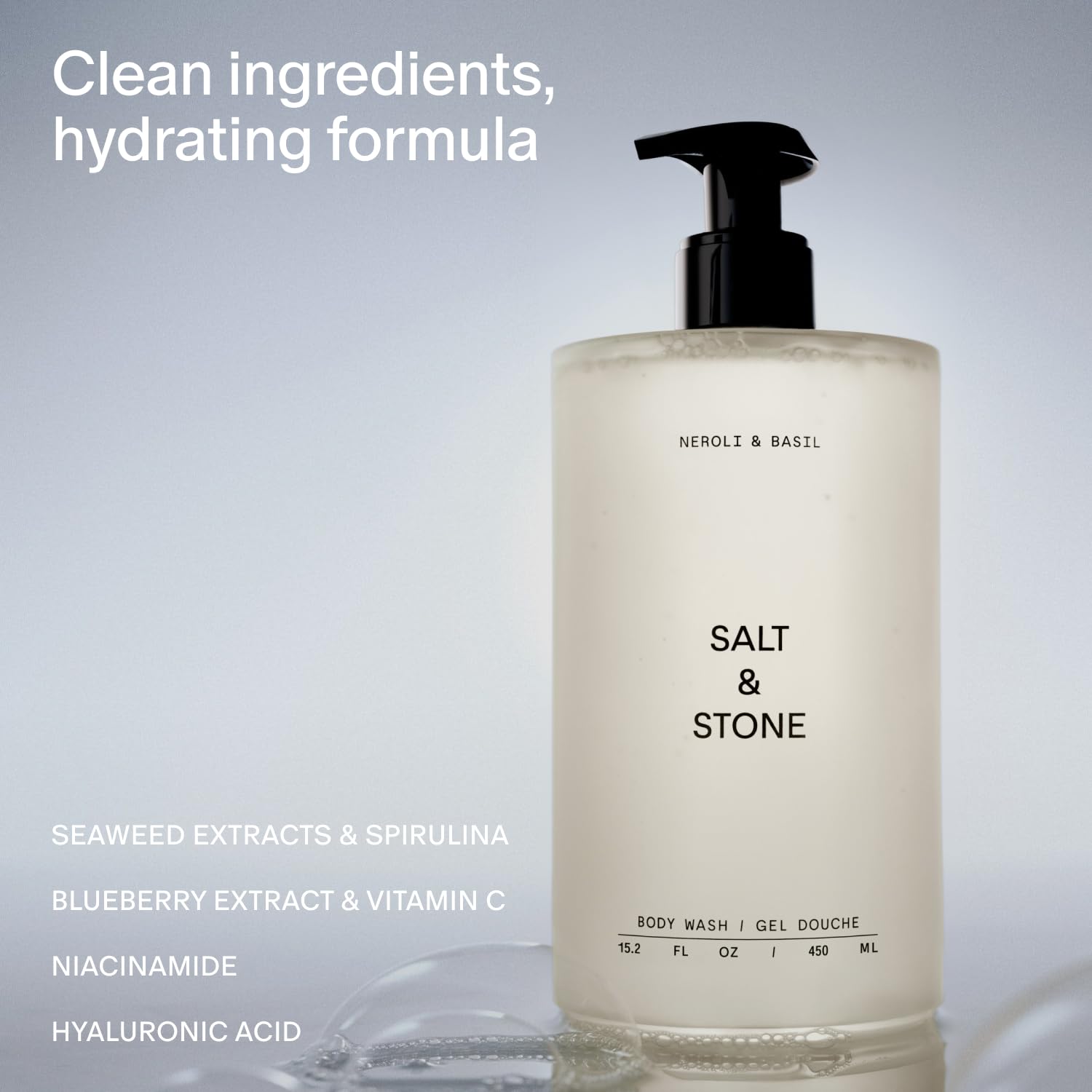 Salt & Stone Neroli Basil rich lather provides hydrating cleanse