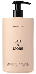 Salt & Stone saffron cedar bottle front shows fast-absorbing hydration for daily skin care.
