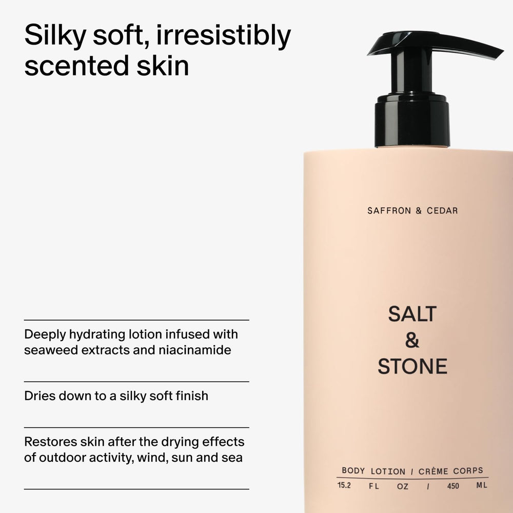 Salt & Stone saffron cedar packaging emphasizes vegan cruelty-free formula and clean ingredients.