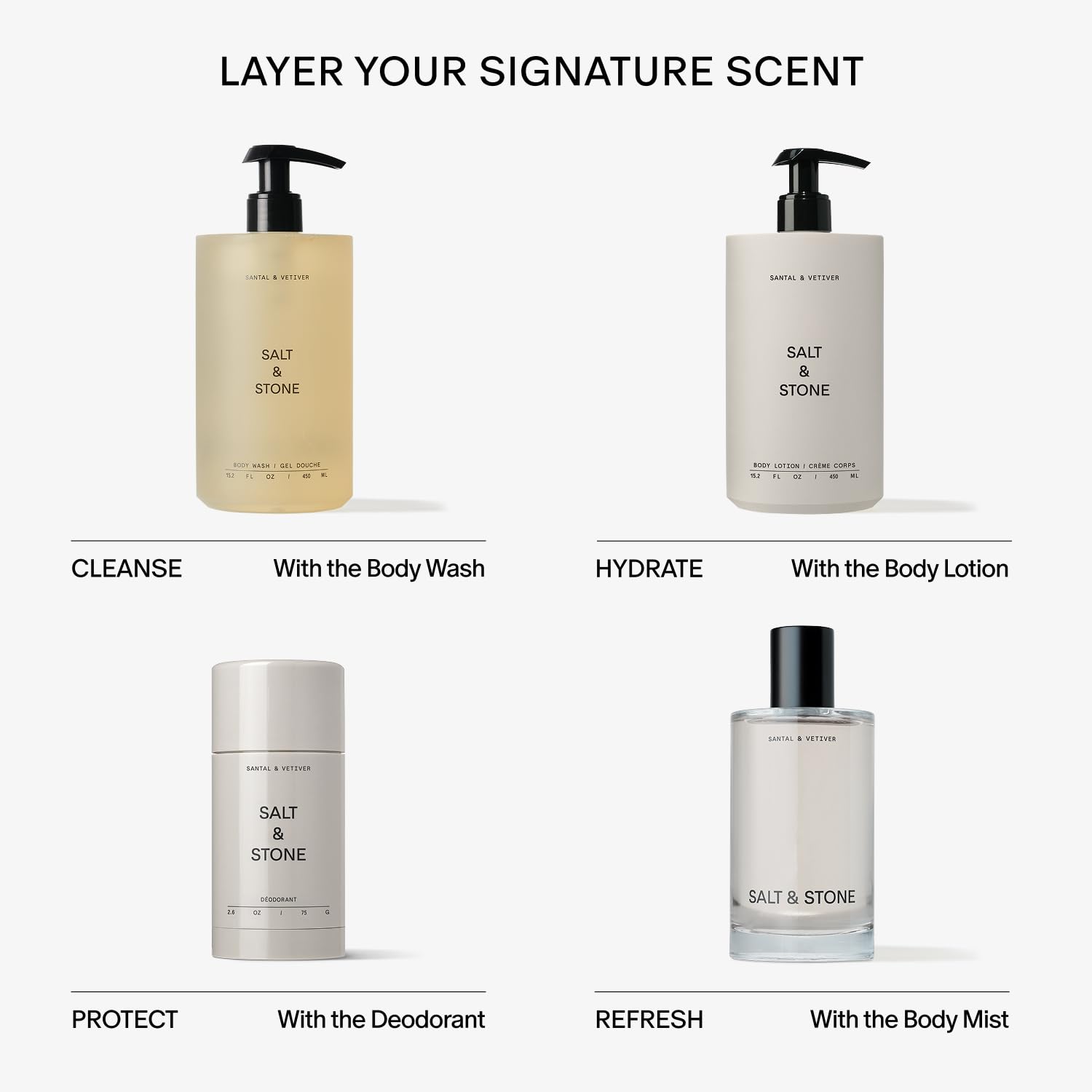 Salt & Stone Santal Vetiver lotion packaging-side showcases travel-ready 100 ml bottle.