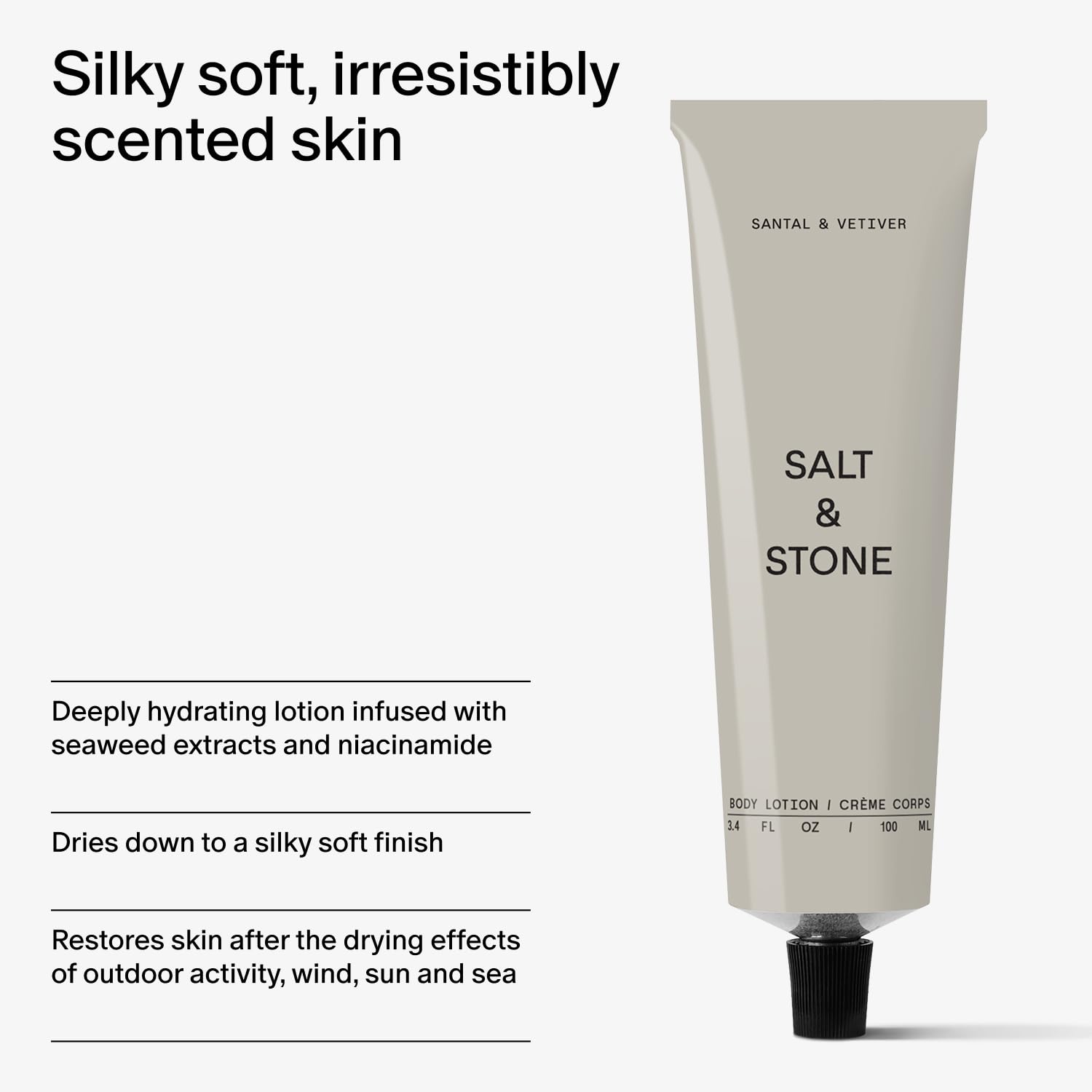 Salt & Stone Santal Vetiver lotion wood-scent evokes warm, woody aroma.