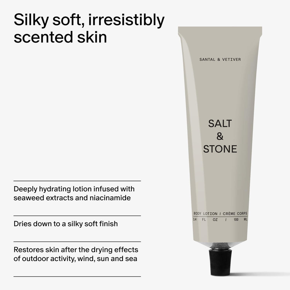 Salt & Stone Santal Vetiver lotion wood-scent evokes warm, woody aroma.
