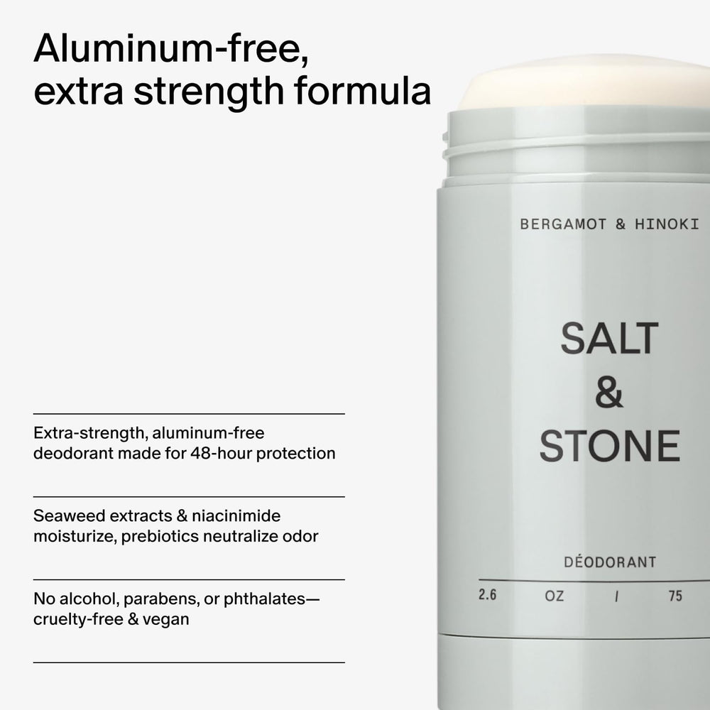 Salt & Stone Signature Scent Duo note chart highlights Bergamot, Hinoki, Vetiver notes.