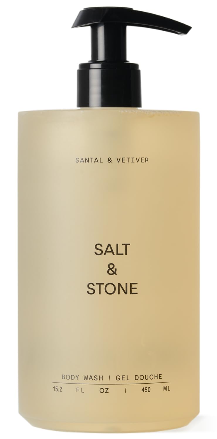 Salt & Stone antioxidant body wash Santal & Vetiver bottle delivering rich lather.