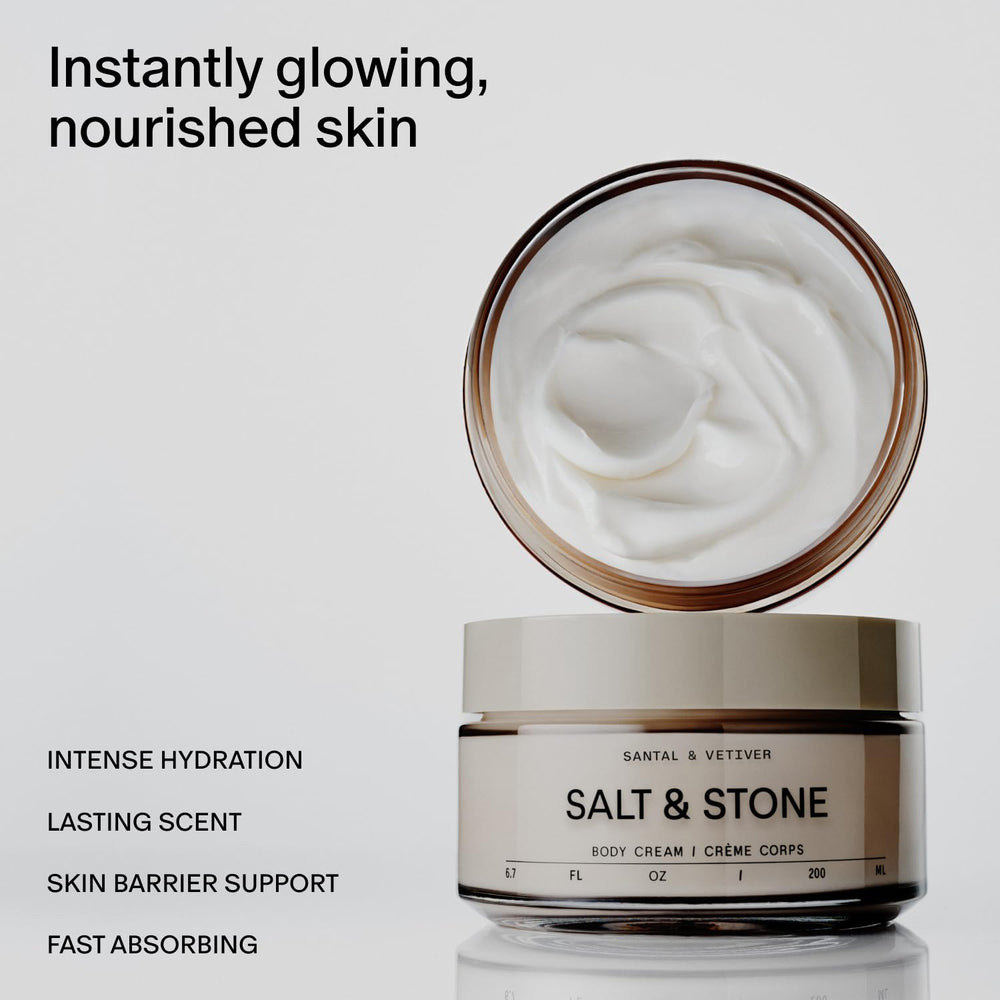 Salt & Stone Body Cream Santal Vetiver label close-up highlighting scent