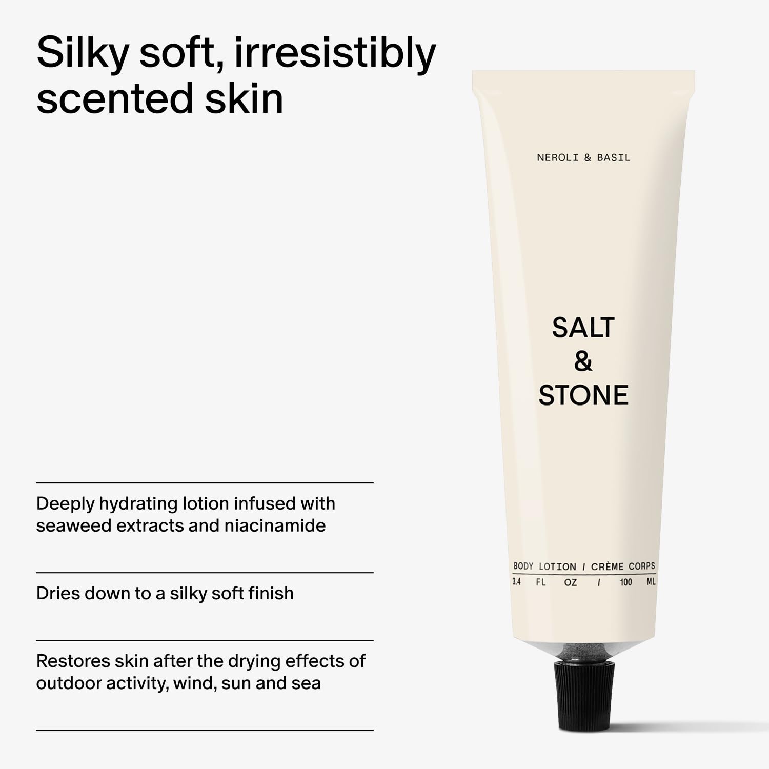 Salt & Stone body lotion vegan cruelty-free packaging with Leaping Bunny certification.