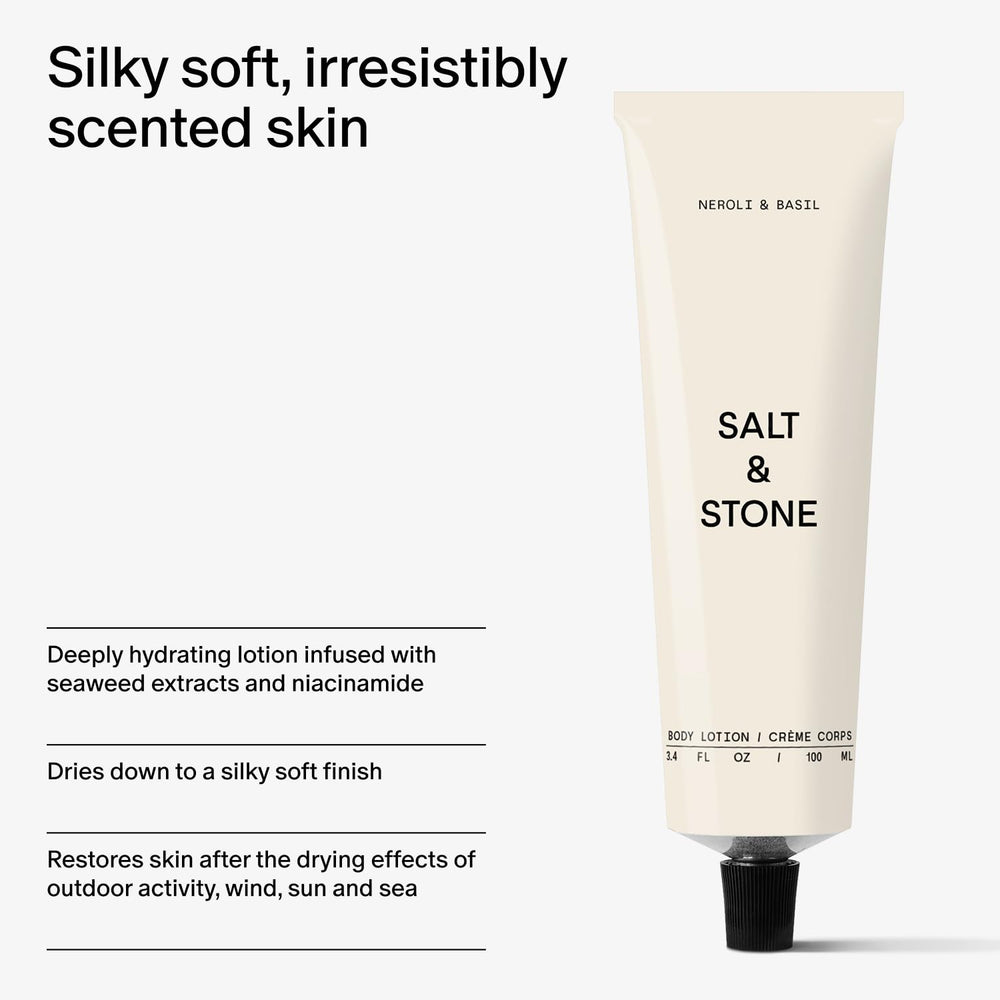 Salt & Stone body lotion vegan cruelty-free packaging with Leaping Bunny certification.
