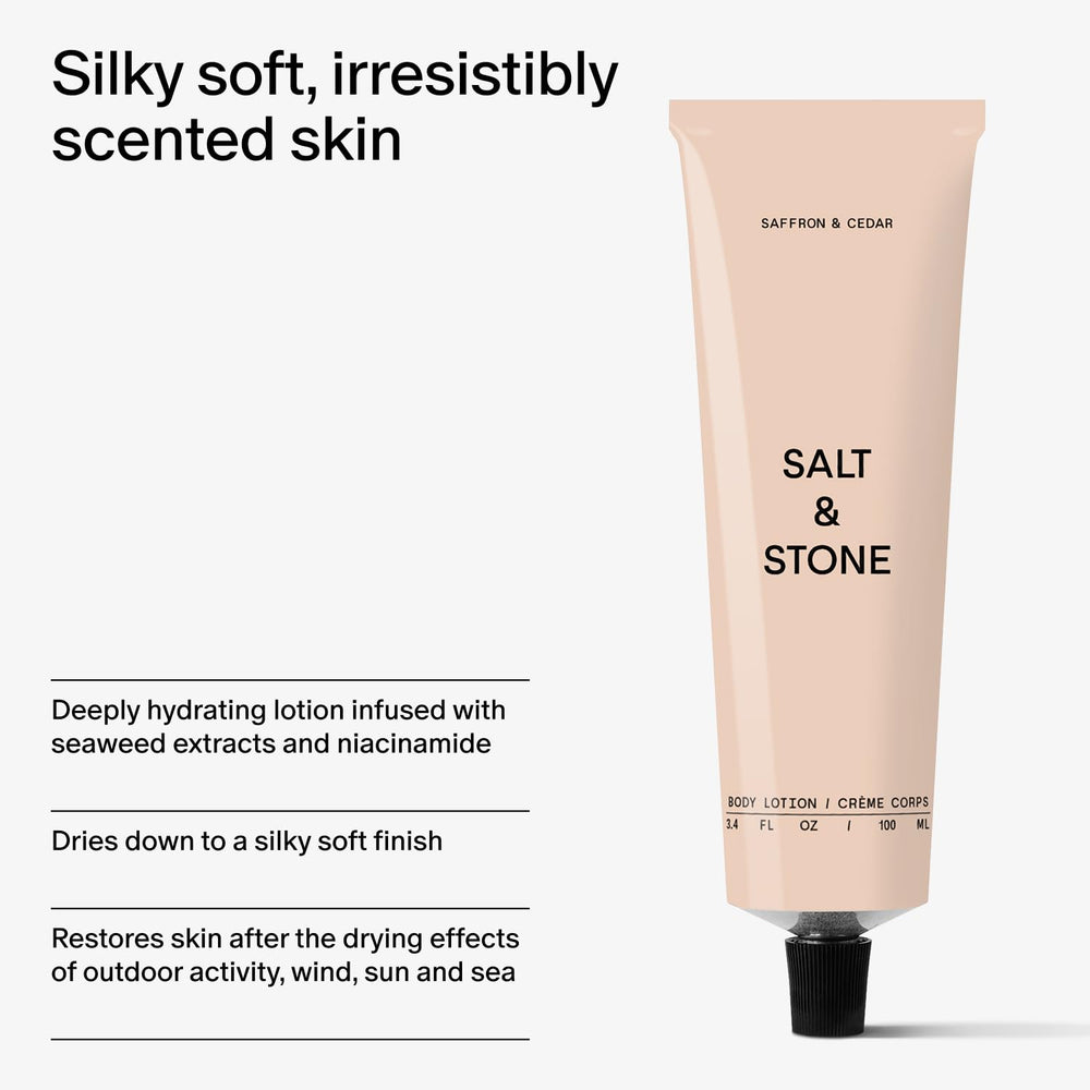 Salt & Stone saffron cedar scent conveys warm, unisex aromatics.