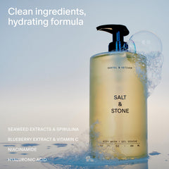 Salt & Stone Santal & Vetiver bottle in shower evokes aromatherapy ritual