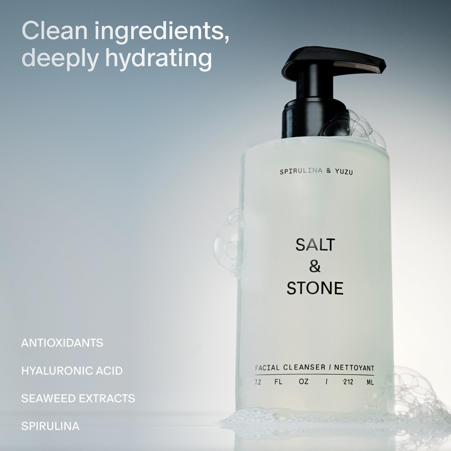 Salt & Stone Facial Cleanser foaming lather closeup highlights soothed skin feel.