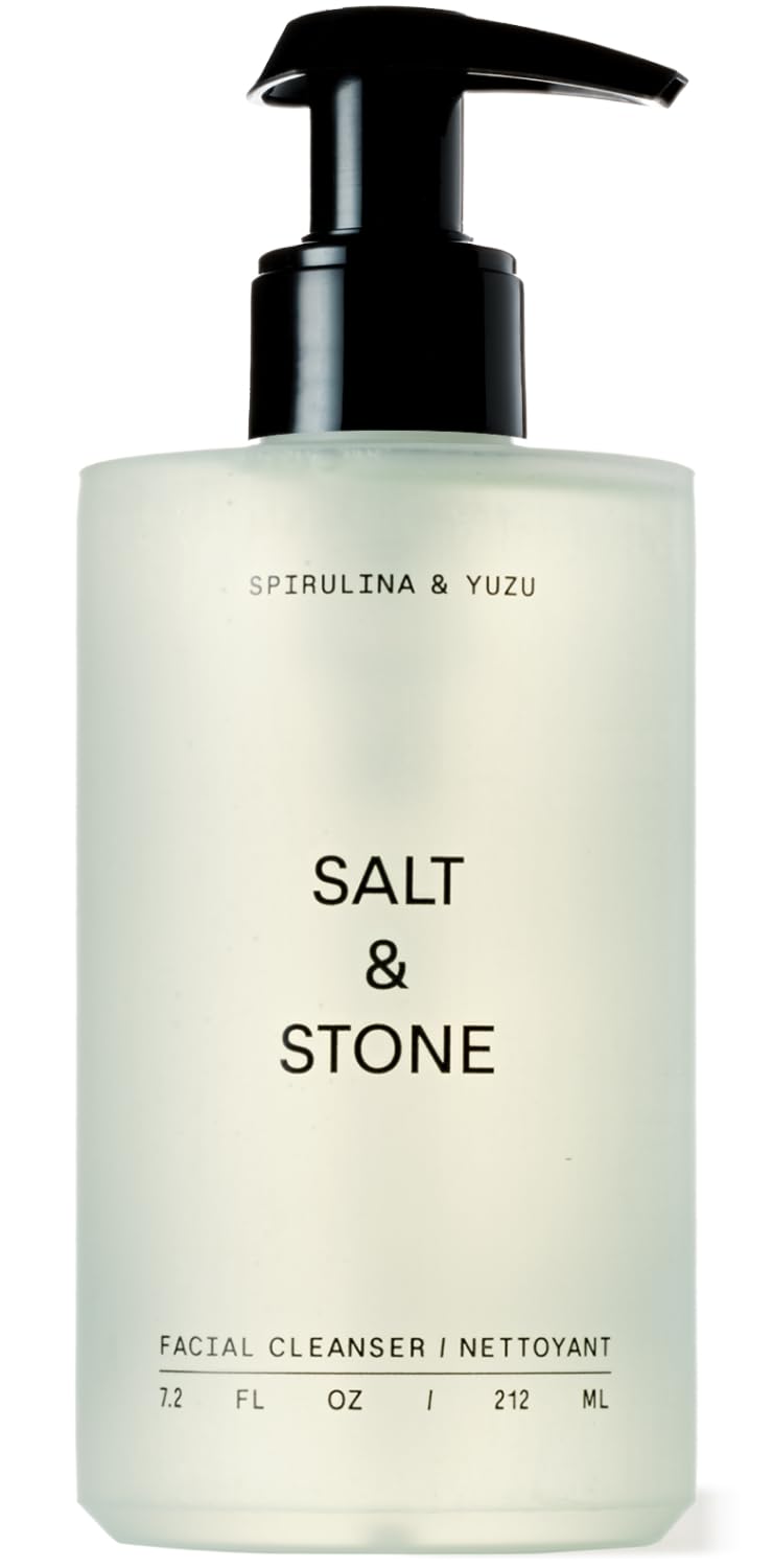 Salt & Stone Facial Cleanser spirulina-yuzu bottle pour showing gentle cleansing and hydration.