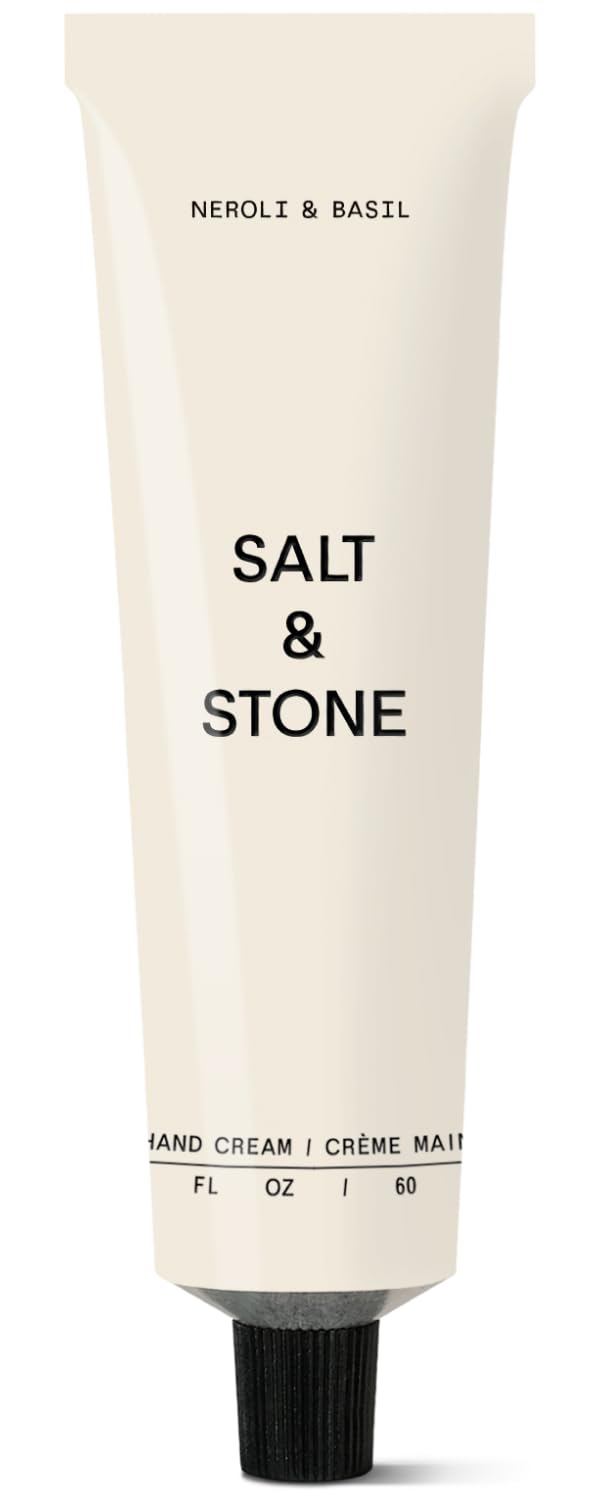 Salt & Stone hand cream Neroli Basil bottle demonstrates fast-absorbing hydration for dry hands.