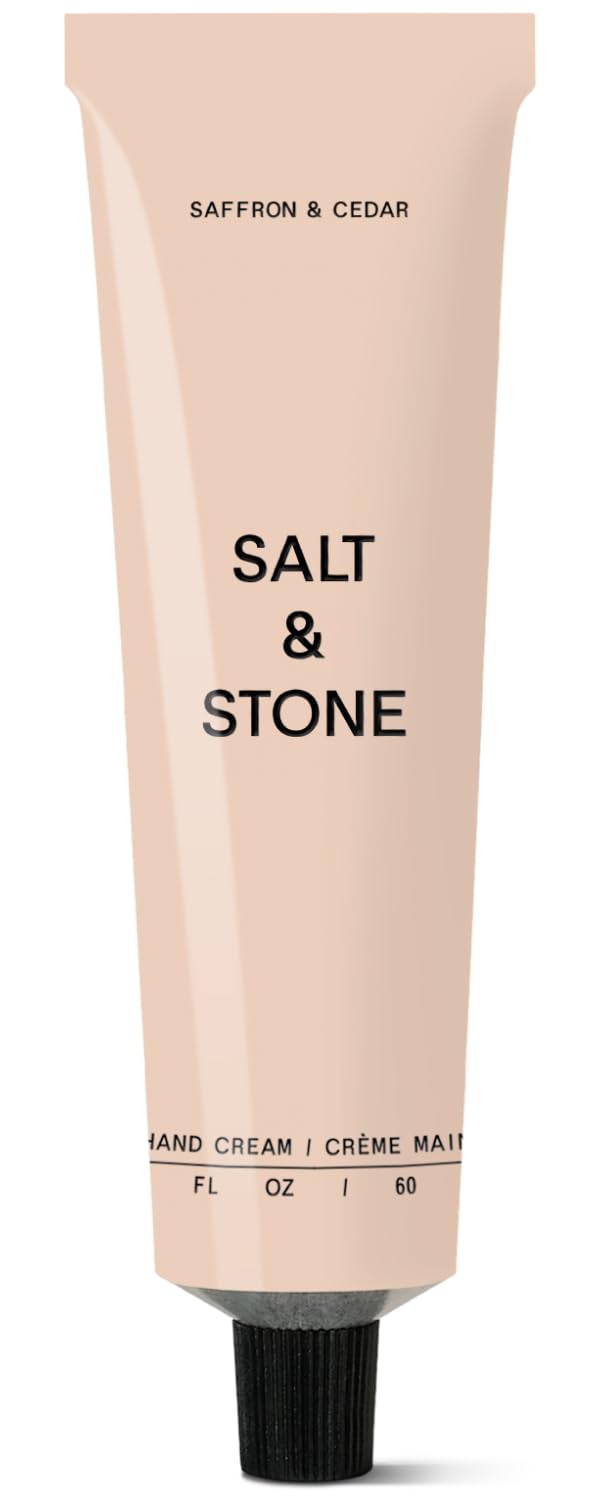 Salt & Stone hand cream saffron cedar tube front delivers silky hydration.
