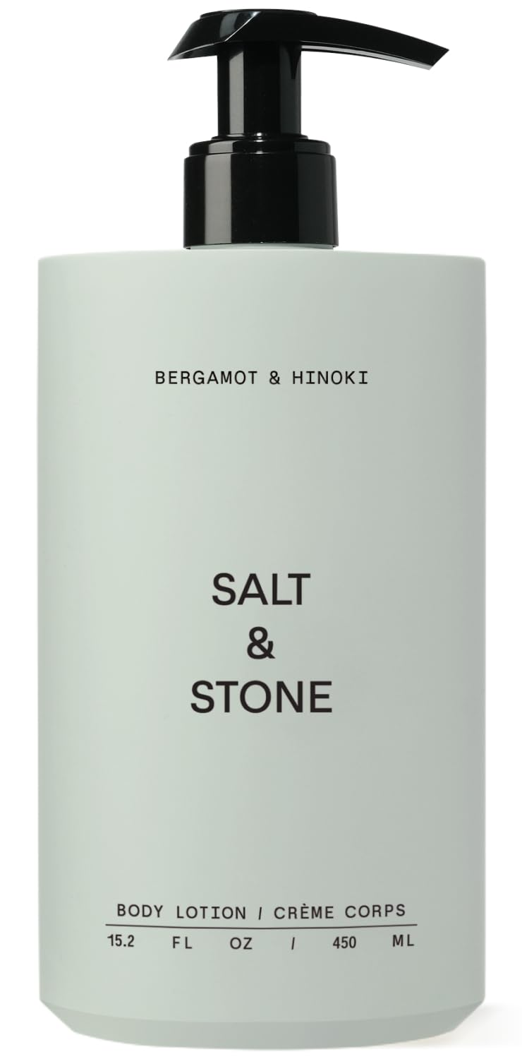 Salt & Stone lotion bottle shows bergamot & hinoki for a refreshing mood boost.