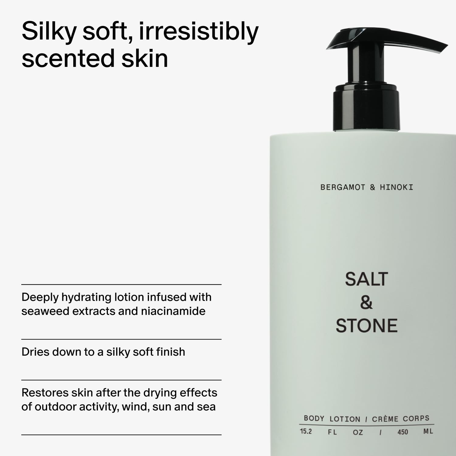 Salt & Stone branding on bottle signals unisex, versatile use.