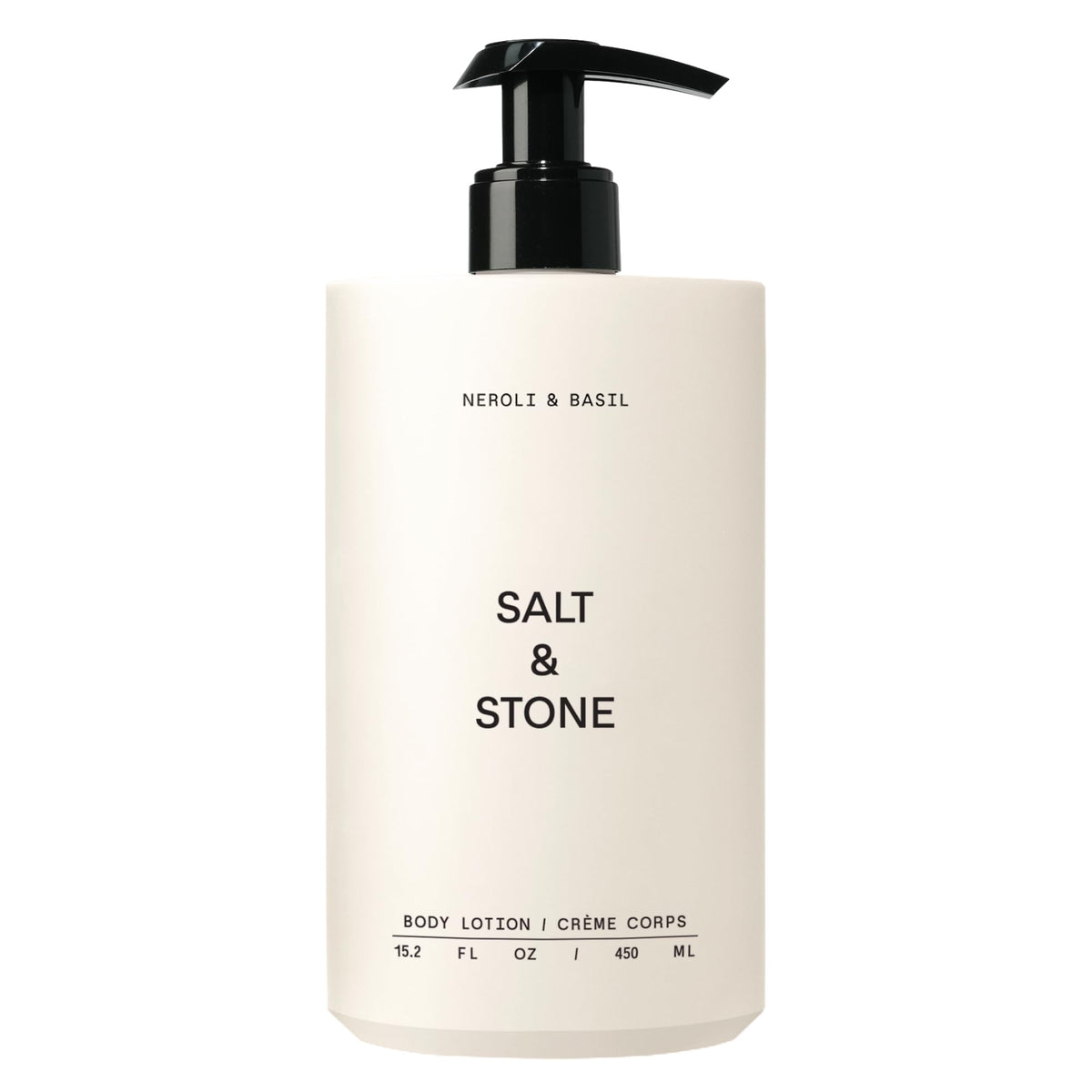 Salt & Stone Neroli Basil body lotion bottle showcases 450 ml size for everyday hydration.