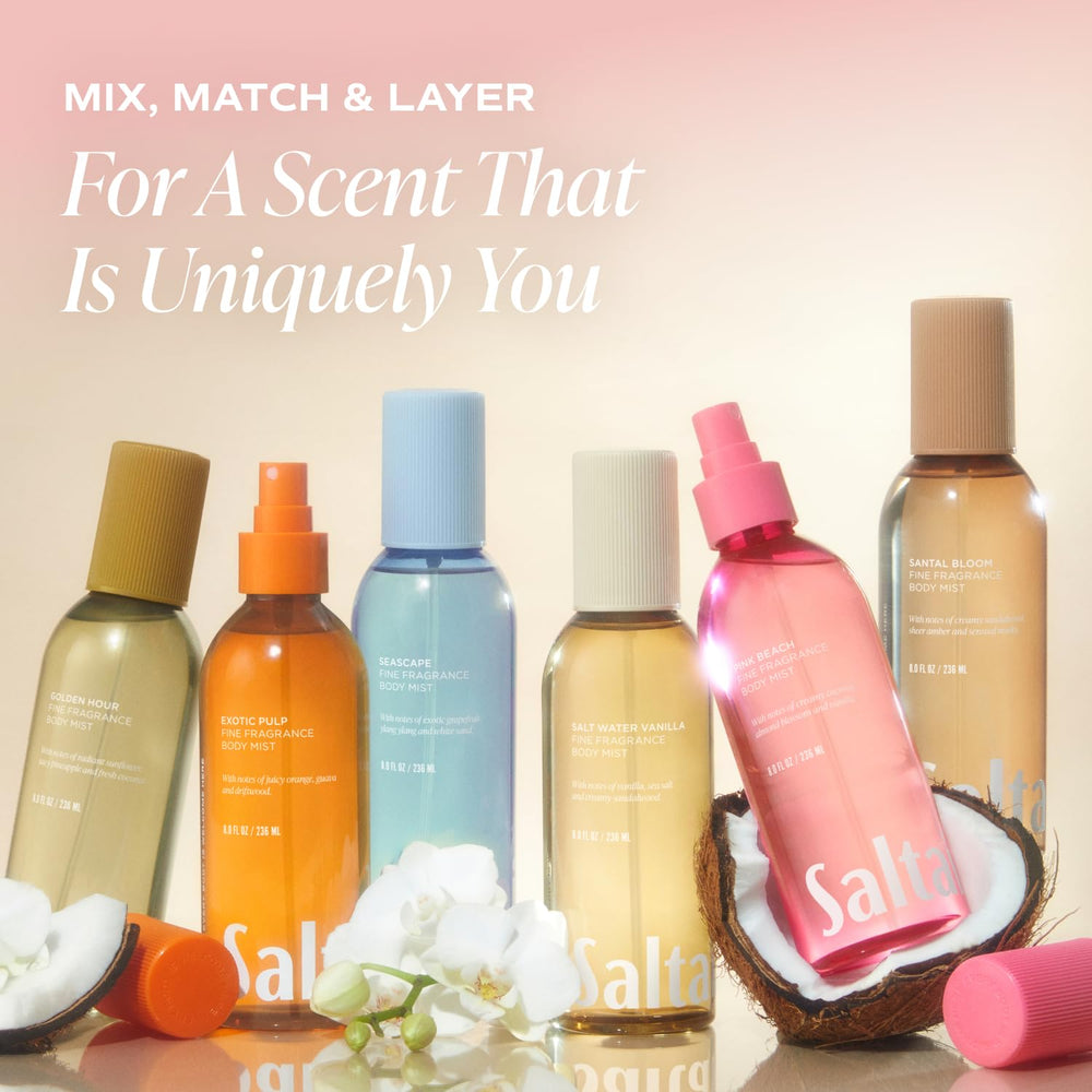 Saltair Body Mist 2-Pack packaging image emphasizes light, non-greasy mist for daily refresh.