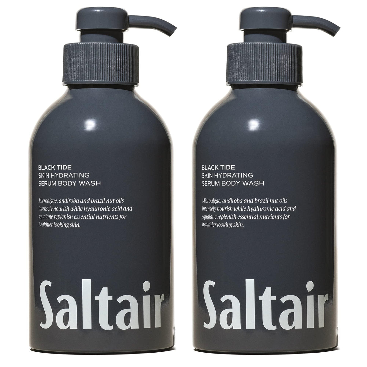 Saltair Black Tide bottle 2-pack on display highlighting easy pump packaging for daily cleansing