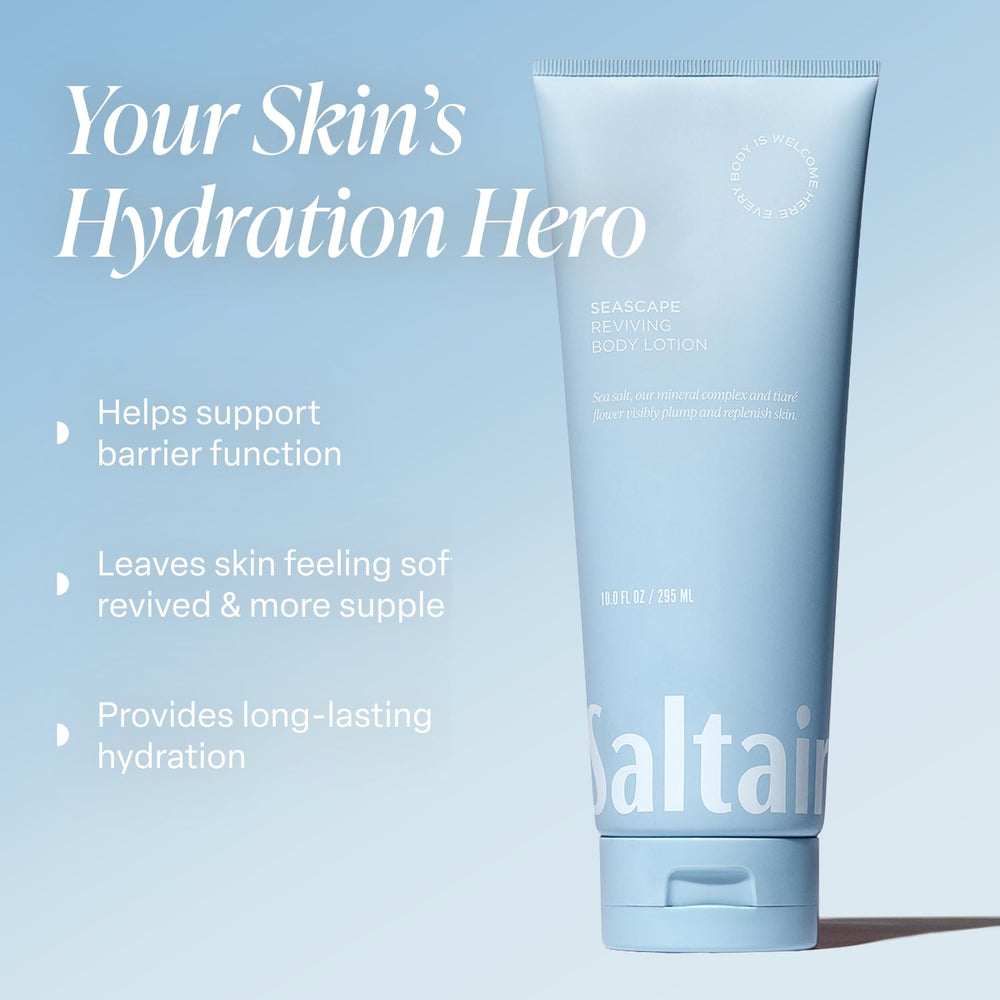 Saltair body lotion creamy texture shown for rich hydration on skin.