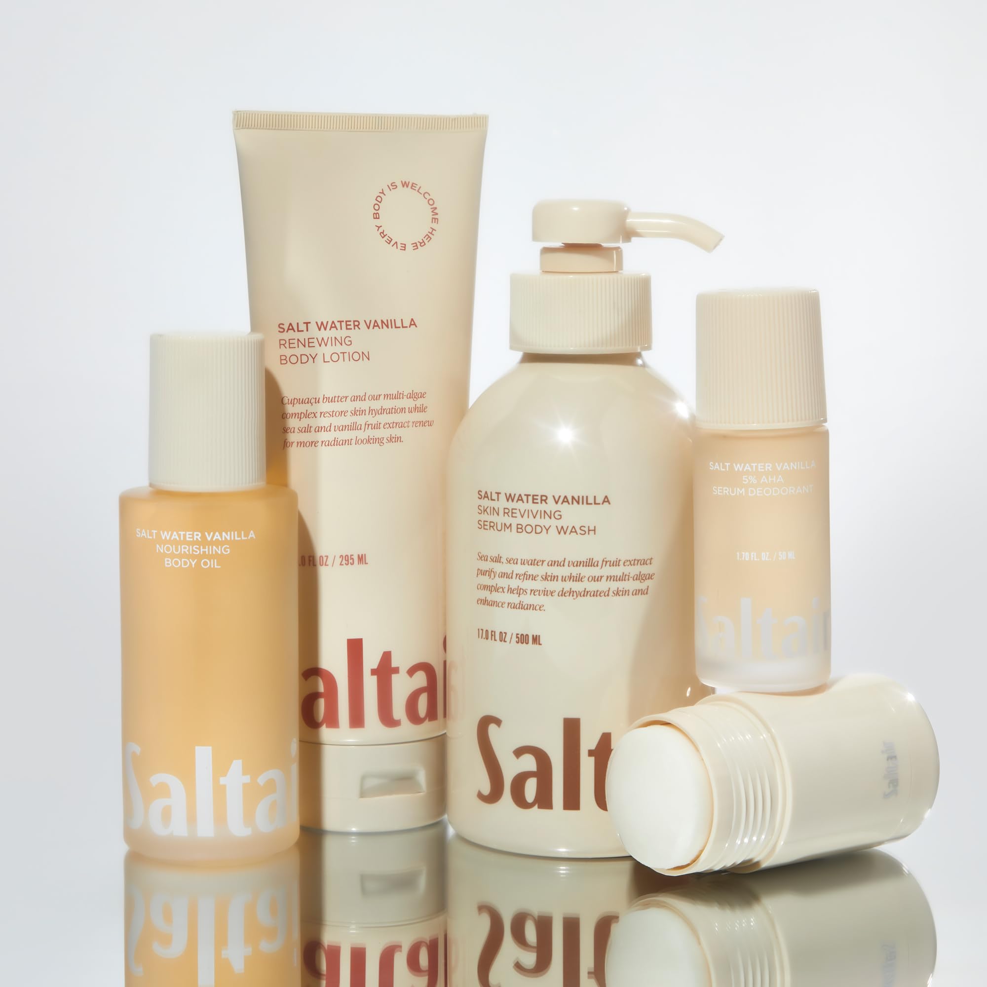 Saltair Body Lotion packaging label shows vegan, cruelty-free promises for mindful skincare