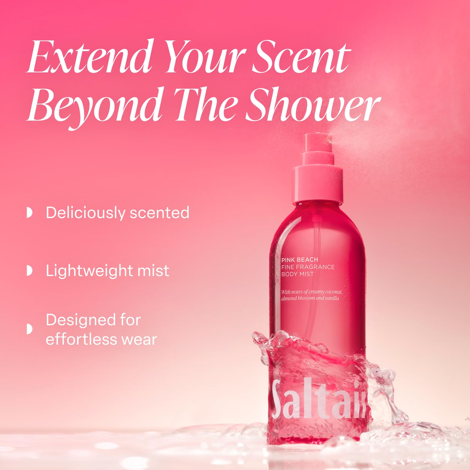 Saltair Body Mist Pink Beach spray demonstrating quick-drying aromatic refresh.