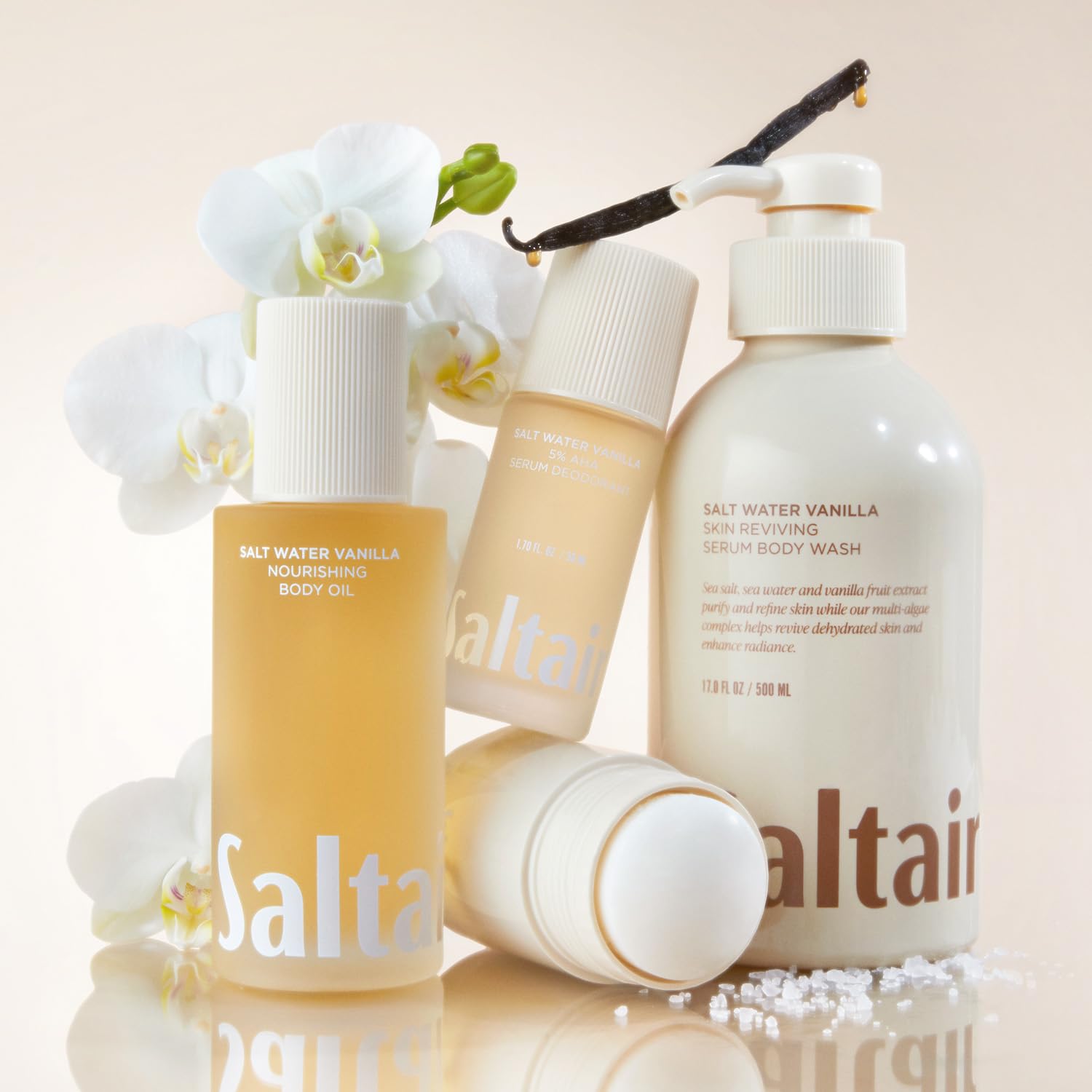 Saltair Body Oil 4oz packaging sits on vanity for daily use.