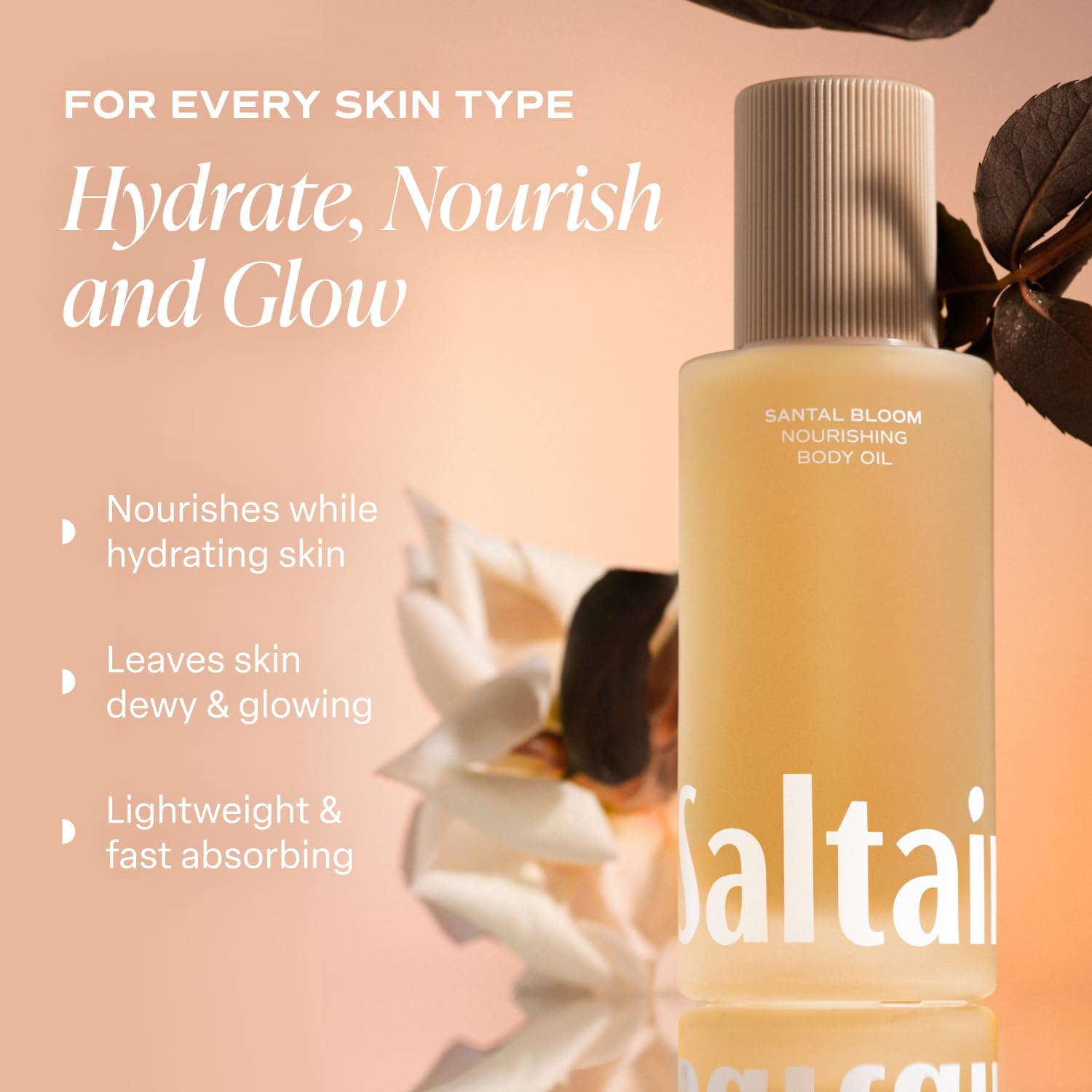 Saltair Body Oil highlights kukui, moringa, and squalane nourishing actives.