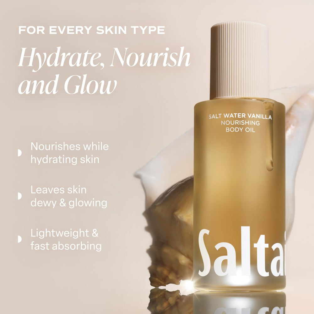 Saltair Body Oil vanilla-fragrance close-up evokes warm coastal aroma.
