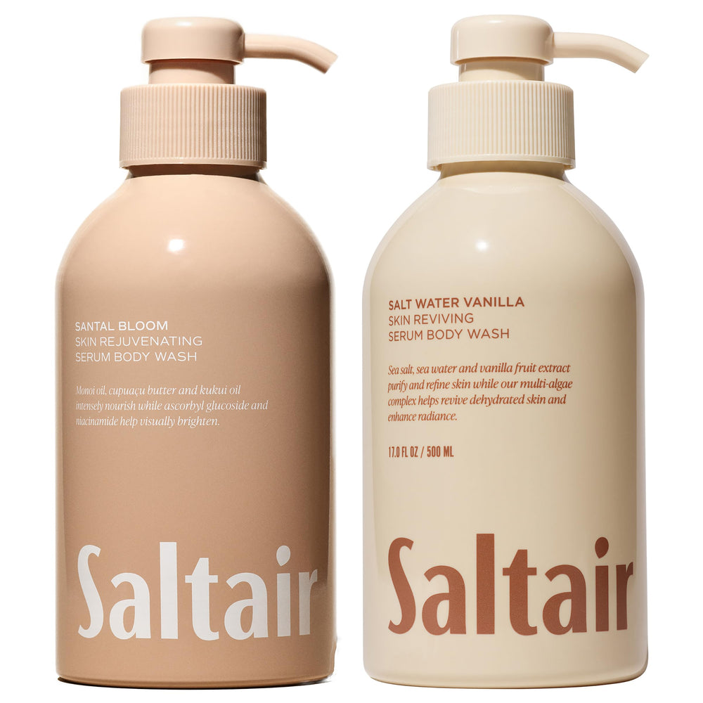 Saltair body wash variety pack bottle pour shows two scents for daily cleansing and moisturization