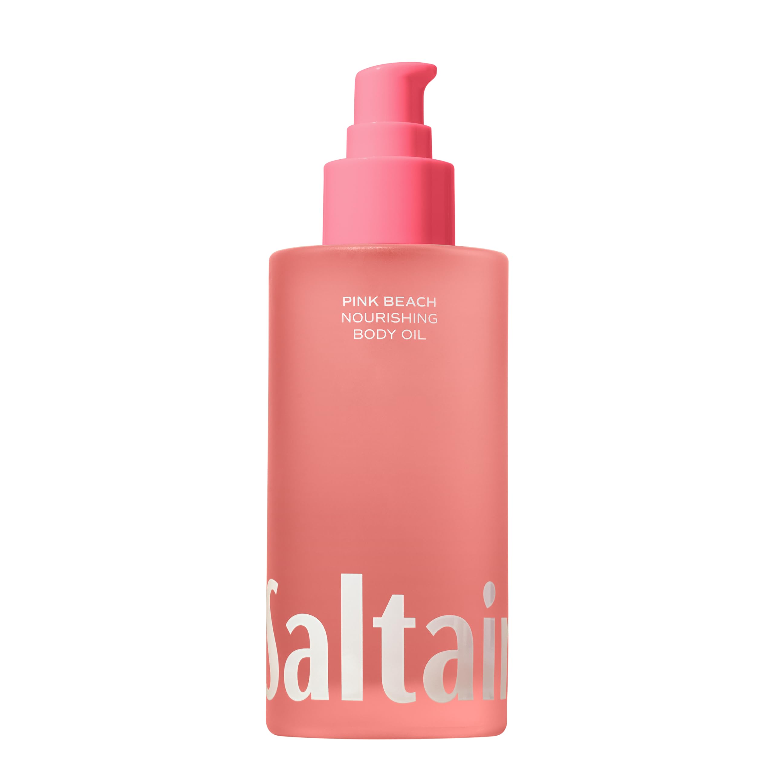 Saltair body oil bottle showing pink beach scent and hydration benefits.