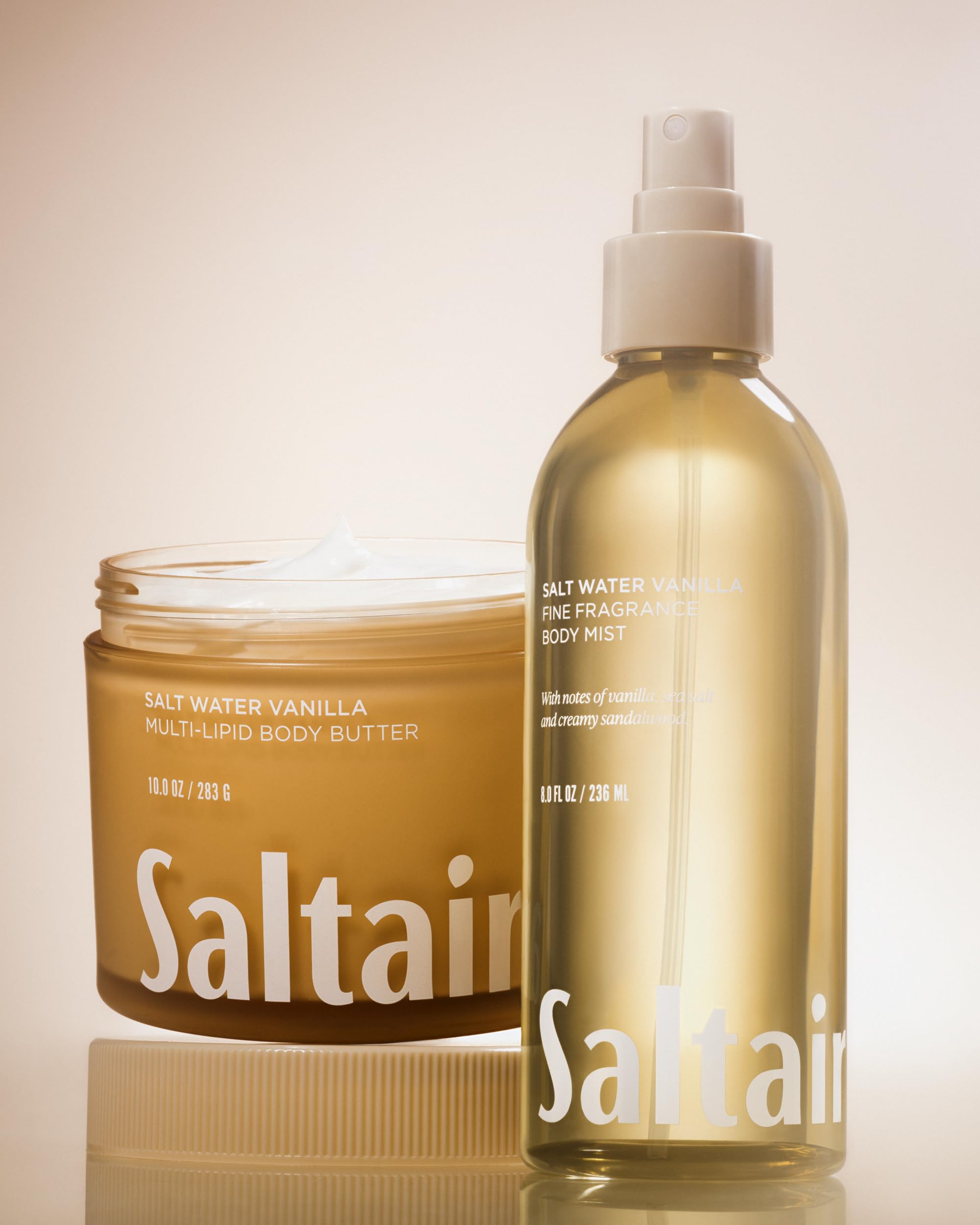 Saltair clean formula bottle emphasizes vegan, cruelty-free, paraben-free formulation.