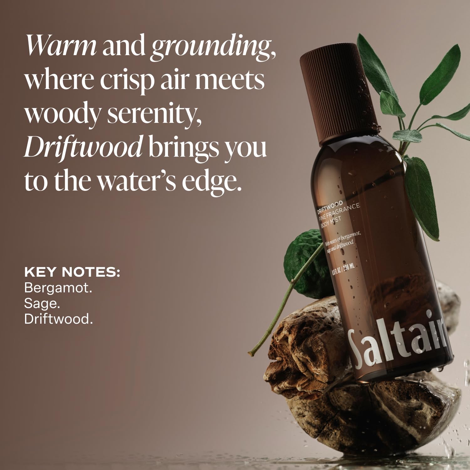 Saltair Driftwood Body Mist pump nozzle closeup, precise atomization for even coverage