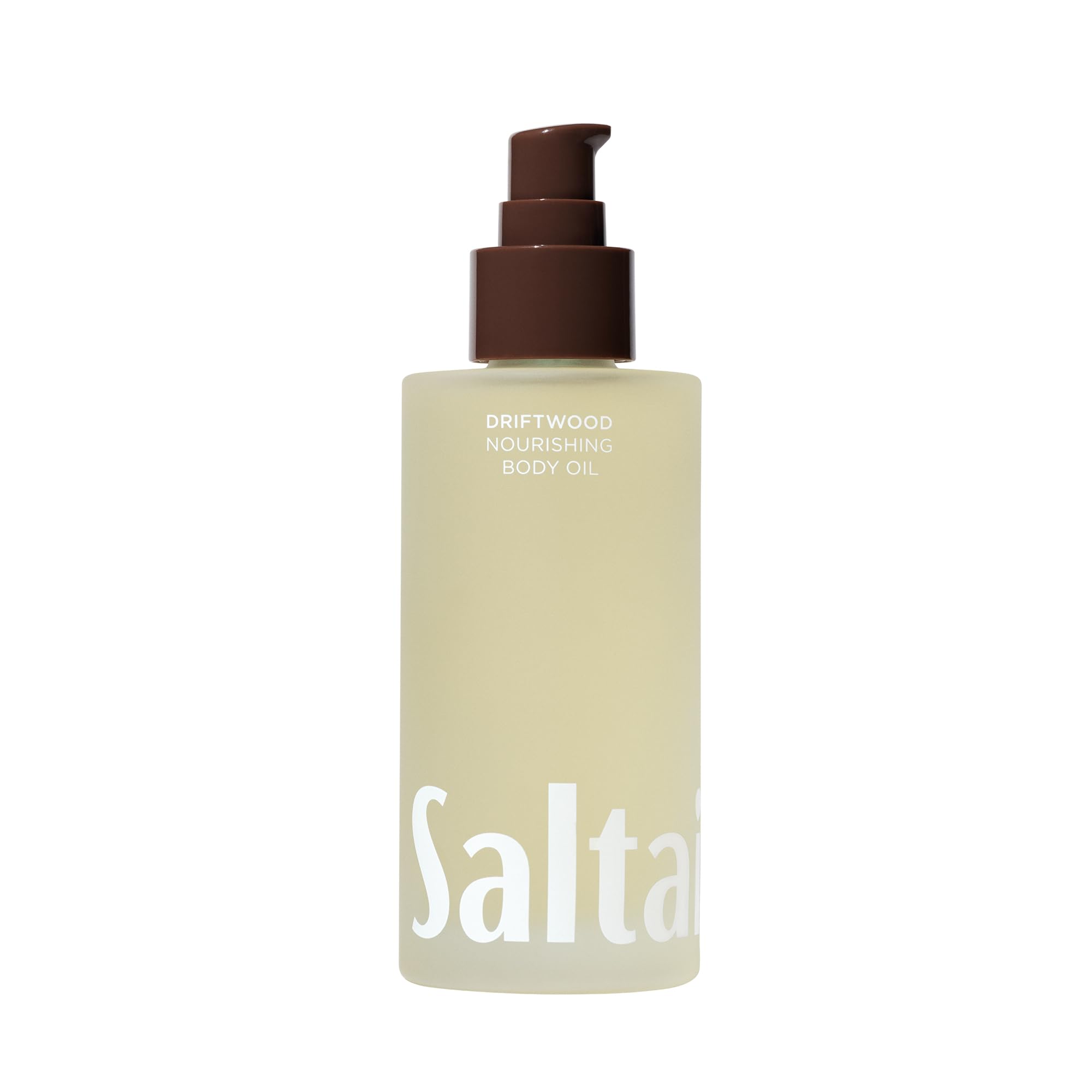 Saltair Driftwood Body Oil bottle on a bathroom shelf showing quick hydration