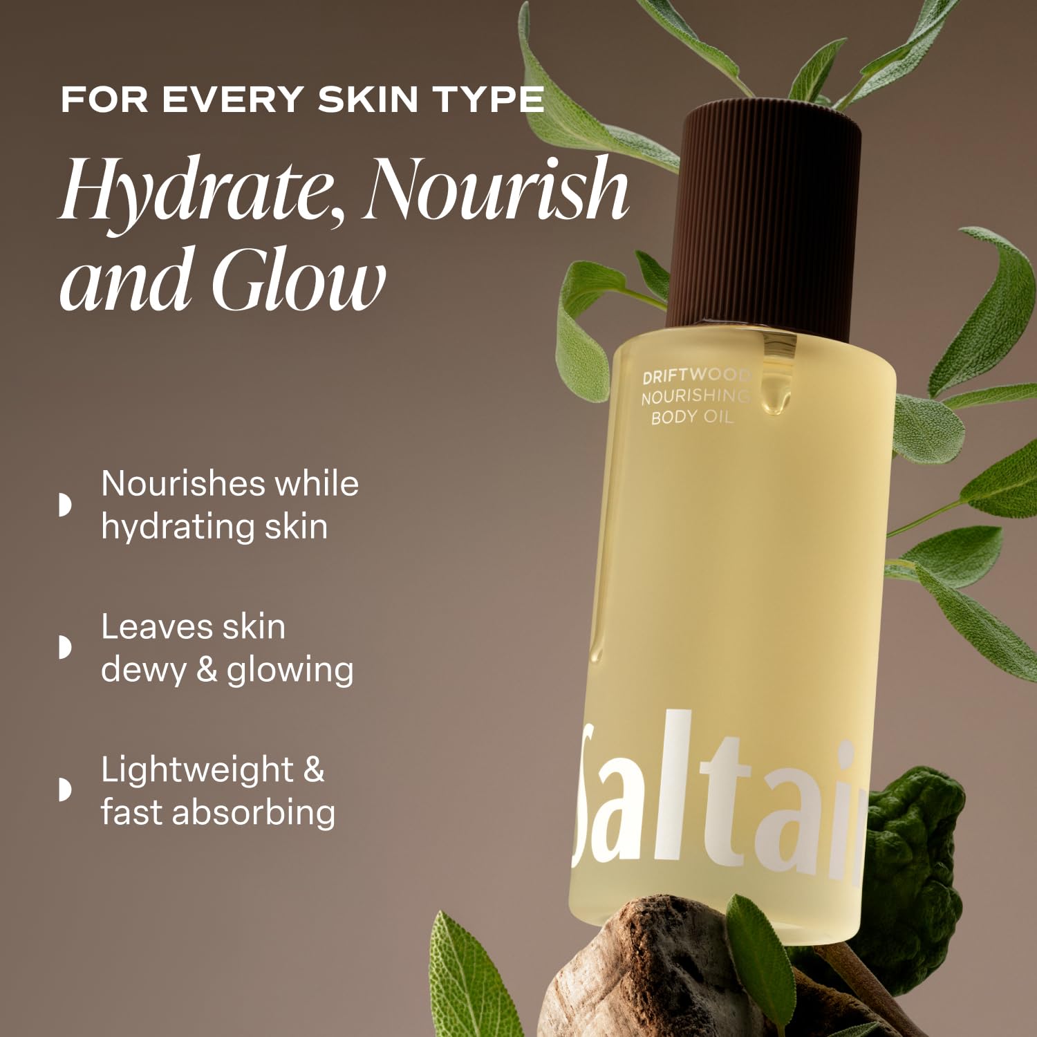 Close-up of Saltair Driftwood Body Oil texture and silky absorption