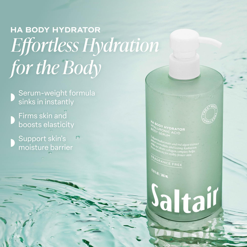 Saltair Hyaluronic Acid Body Serum application close-up shows quick-absorbing fragrance-free hydration