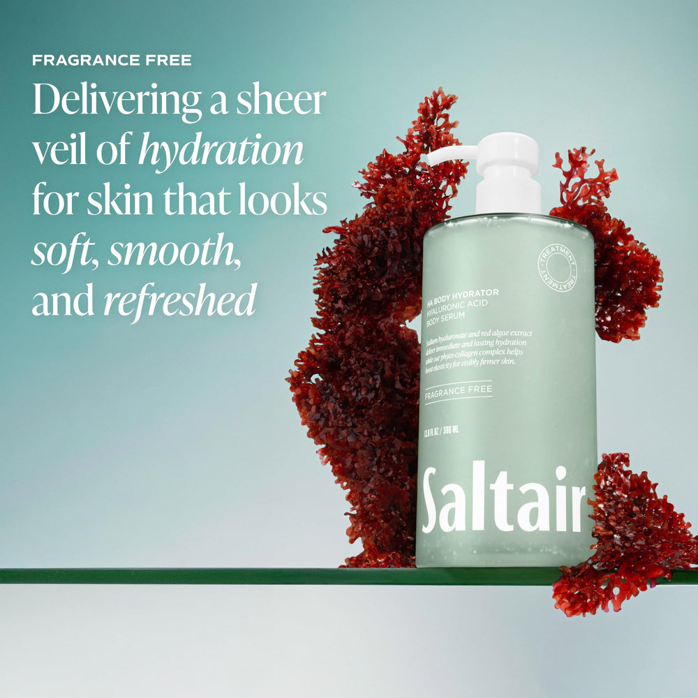 Saltair Hyaluronic Acid Body Serum fragrance-free label communicates sensitive-skin friendly formula