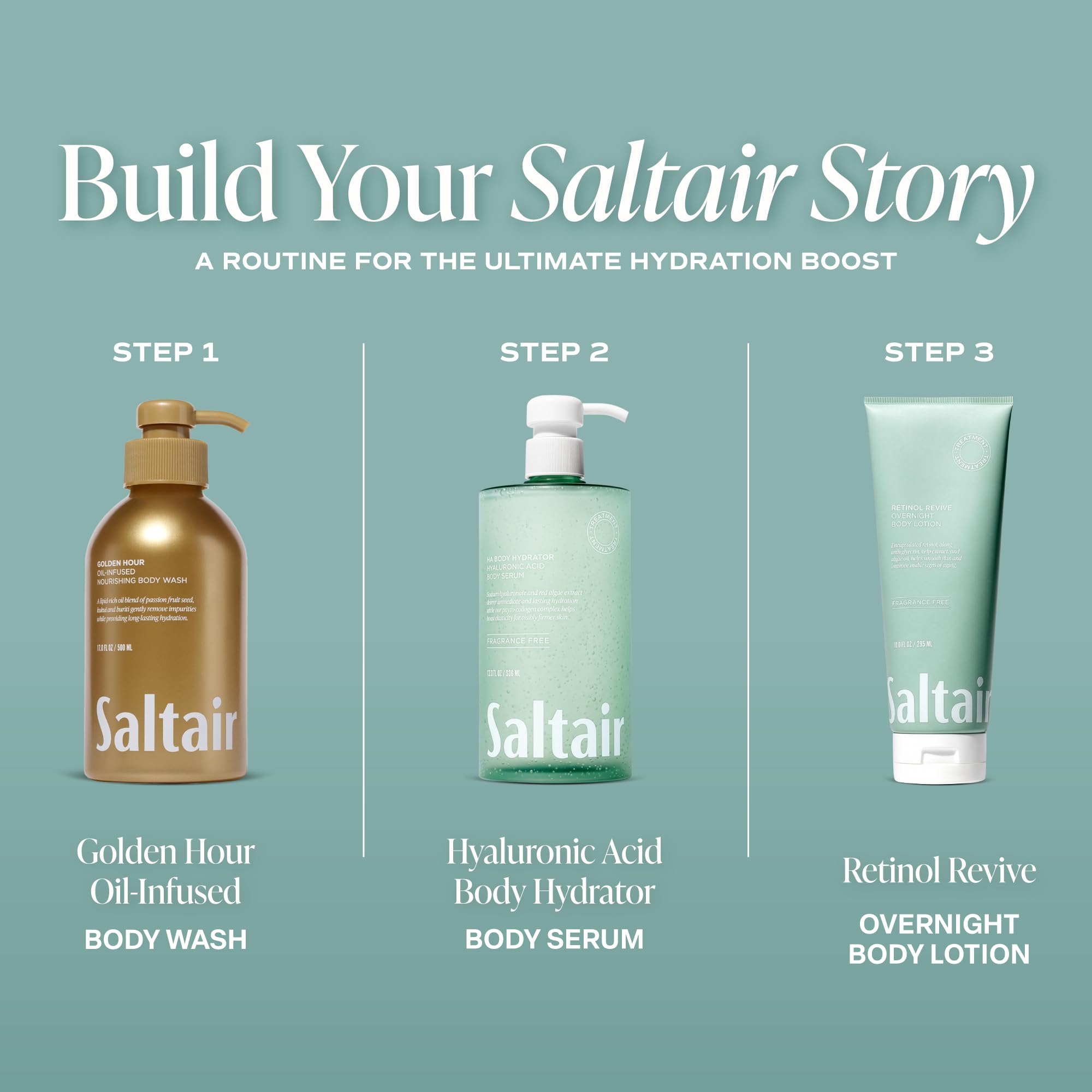 Saltair Hyaluronic Acid Body Serum phyto-collagen component highlighted for elasticity appearance
