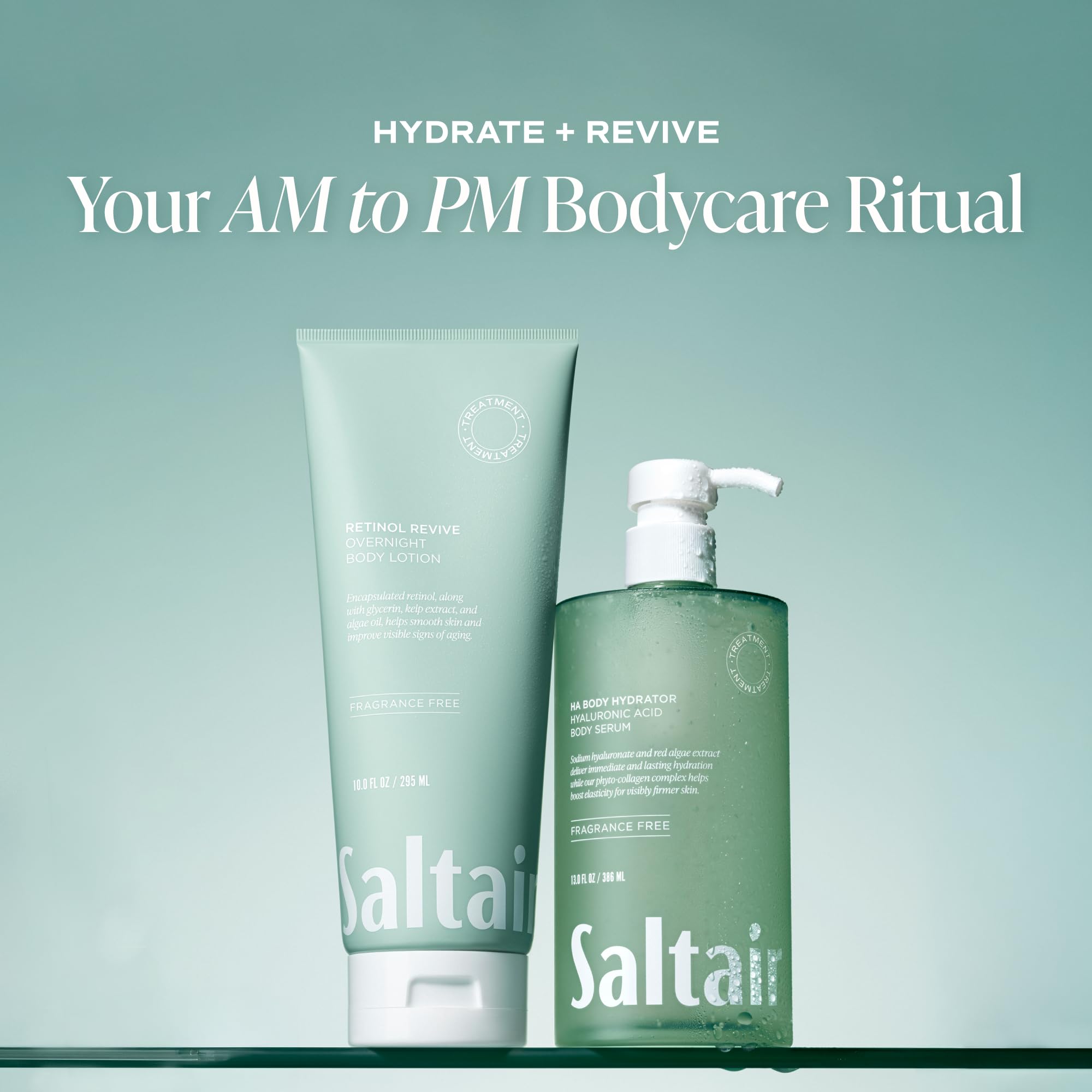Saltair Hyaluronic Acid Body Serum routine shot suggests daily body hydration